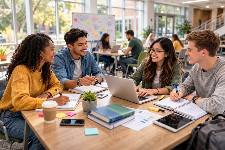 Students collaborating at tables with laptops and notebooks