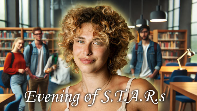 Student in library promoting the Evening of S.T.A.R.s event