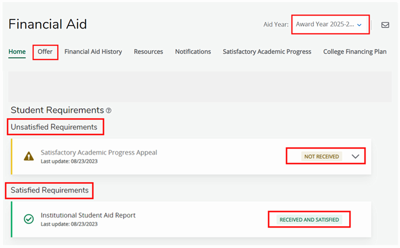 Financial Aid portal page