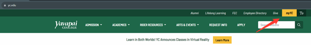 Screenshot: yc.edu homepage showing the myYC link
