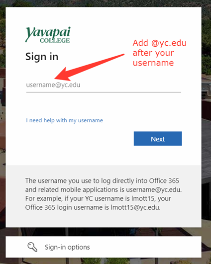 Screenshot: Microsoft sign-in prompt requesting username in the format username@yc.edu